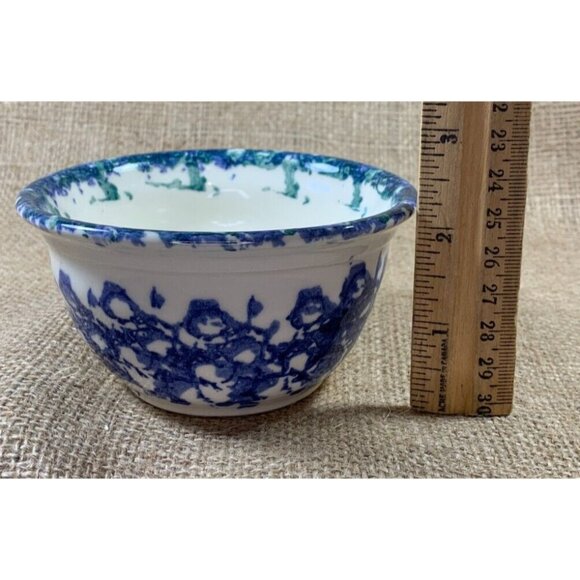 Small Pottery Serving Bowl Blue Sponge Painted Flower Hyacinth or Lupin 4" dia - Picture 4 of 5